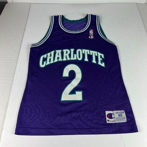 VTG 90s Champion NBA Larry Johnson Charlotte Hornets Jersey 40 Medium Purple USA